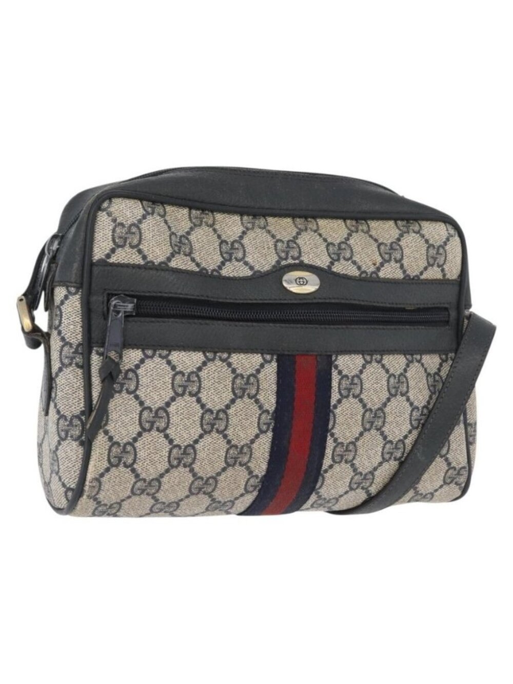Authentic GUCCI GG Supreme Sherry Line Shoulder Bag PVC Navy Gold 89 02 004